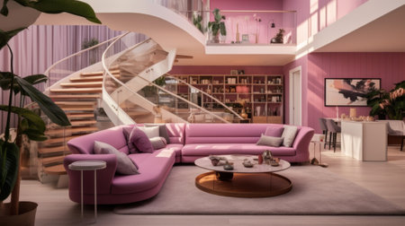 A living room filled with furniture and a spiral staircase. Generative AI image.の素材