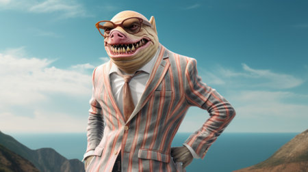 A man in a suit and tie wearing a shark mask. Generative AI image.の素材