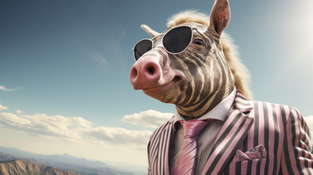 A zebra wearing a suit and tie with sunglasses on. Generative AI image.の素材