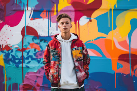 A man standing in front of a colorful wall. Generative AI image.の素材