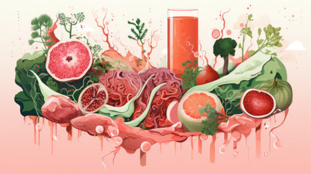 A bunch of fruits and vegetables on a table. Generative AI image.の素材