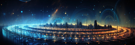 A futuristic city in the middle of the night. Generative AI image.の素材