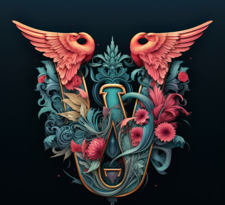 A digital painting of two birds and flowers. Generative AI image.の素材