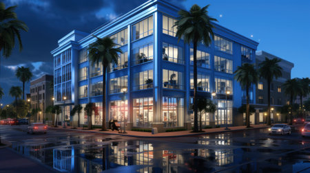 A blue building with palm trees in front of it. Generative AI image.の素材