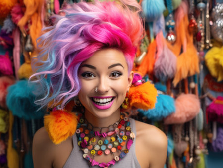A woman with colorful hair and a necklace. Generative AI image.の素材