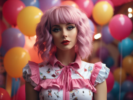 A mannequin wearing a pink wig in front of a bunch of balloons. Generative AI image.の素材