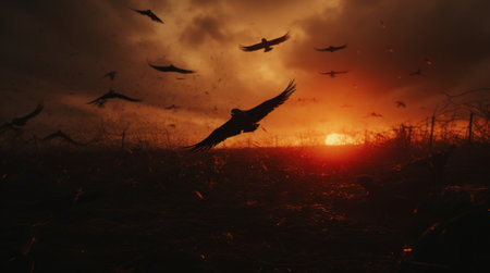 A flock of birds flying over a field at sunset. Generative AI image.の素材