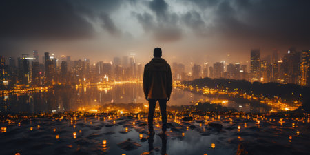 A man standing on top of a hill overlooking a city at night. Generative AI image.の素材