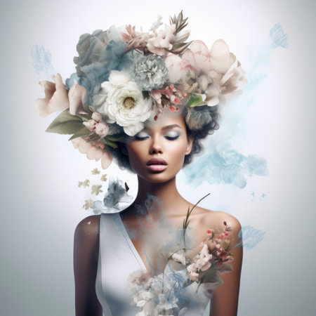 A woman with a flower crown on her head. Generative AI image.の素材