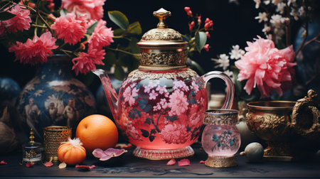 A table topped with vases filled with flowers and fruit. Generative AI image.の素材