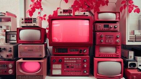 A bunch of red televisions stacked on top of each other. Generative AI image.の素材