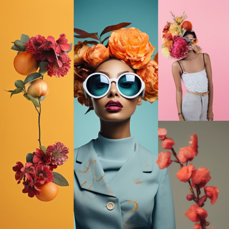 A collage of photos of a woman with flowers in her hair. Generative AI image.の素材