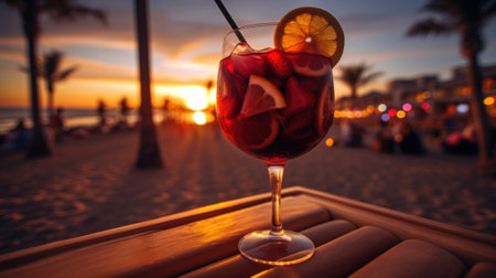 A glass of red wine sitting on a table. Generative AI image.の素材