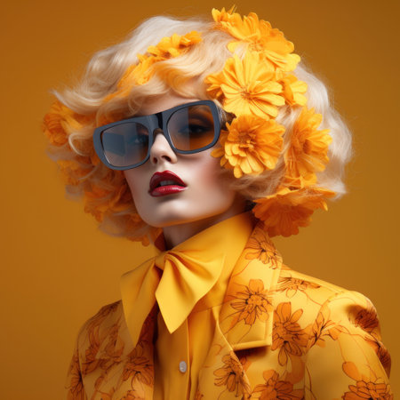 A woman in a yellow shirt and sunglasses with flowers on her head. Generative AI image.の素材