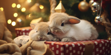 A couple of rabbits laying on top of a christmas present. Generative AI image.の素材