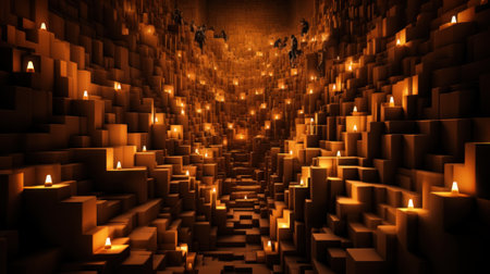 A room filled with lots of boxes and lit candles. Generative AI image.の素材