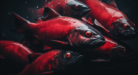 A group of red fish swimming in the water. Generative AI image.の素材