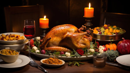 A turkey sitting on a platter surrounded by dishes of food. Generative AI image.の素材