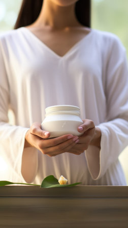 A woman holding a jar of cream in her hands. Generative AI image.の素材