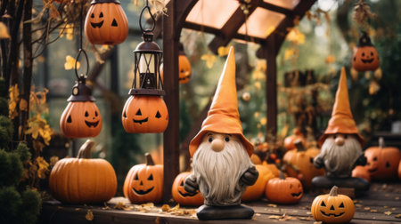 A group of halloween gnomes with pumpkins around them. Generative AI image.の素材