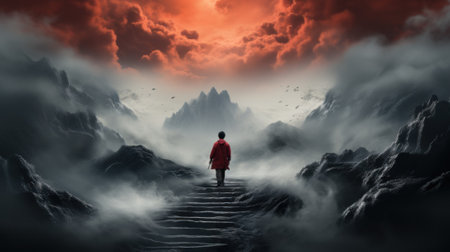 A man in a red coat walking up a flight of stairs. Generative AI image.の素材