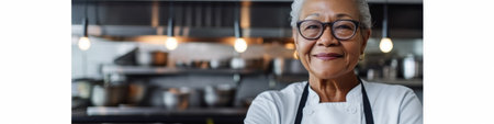 A woman with glasses standing in a kitchen. Generative AI image.の素材