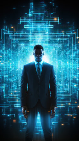 A man in a suit and tie standing in front of a digital background. Generative AI image.の素材