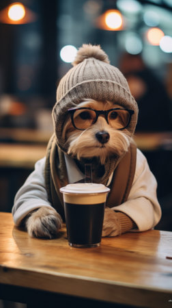 A dog wearing a hat and glasses drinking coffee. Generative AI image.の素材