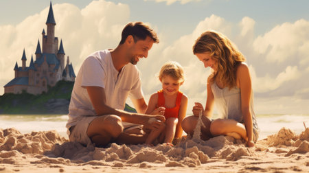 A man and a woman and a child on the beach. Generative AI image.の素材