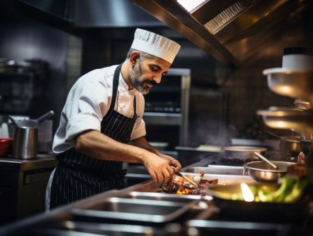 A man in a chefs hat preparing food in a kitchen. Generative AI image.の素材