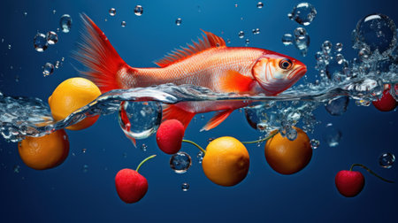 A goldfish swimming in the water surrounded by fruit. Generative AI image.の素材