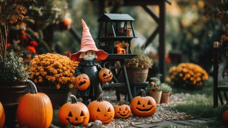 A group of pumpkins sitting on top of a garden. Generative AI image.の素材