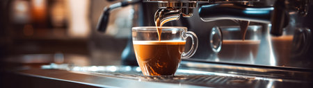 A cup of coffee being poured into a glass. Generative AI image.の素材