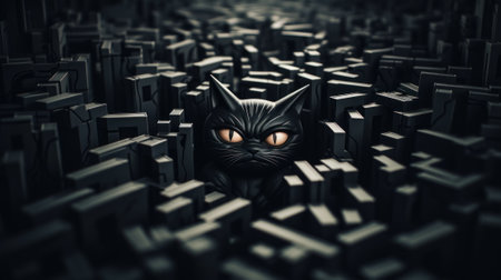 A black cat with glowing eyes peeks out of a maze. Generative AI image.の素材
