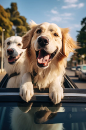 A couple of dogs that are sitting in the back of a car. Generative AI image.の素材