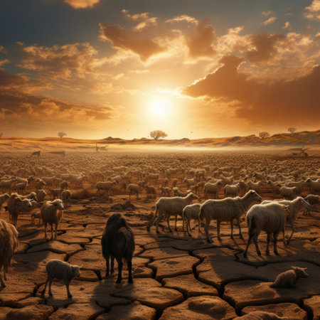 A herd of sheep standing on top of a dry grass covered field. Generative AI image.の素材