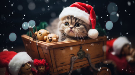 A cat is sitting in a wooden box. Generative AI image.の素材