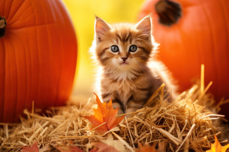 A small kitten sitting in a pile of hay next to pumpkins. Generative AI image.の素材