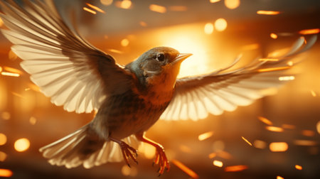 A bird flying in the air with its wings spread. Generative AI image.の素材