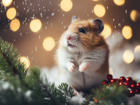 A brown and white hamster sitting on top of a christmas tree. Generative AI image.の素材