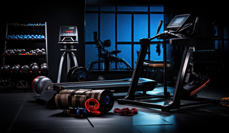 A gym room with a treadmill, exercise equipment and a laptop. Generative AI image.の素材