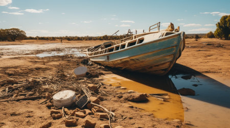 A boat sitting on top of a sandy beach. Generative AI image.の素材