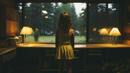A woman standing in front of a window in a kitchen. Generative AI image.の素材