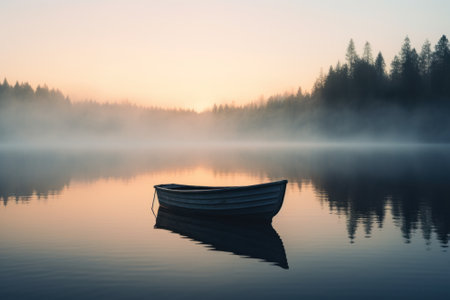 A small boat floating on top of a lake. Generative AI image.の素材