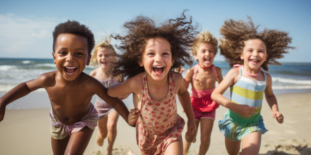 A group of children running on a beach. Generative AI image.の素材