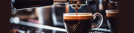 A cup of coffee being poured into a coffee machine. Generative AI image.の素材