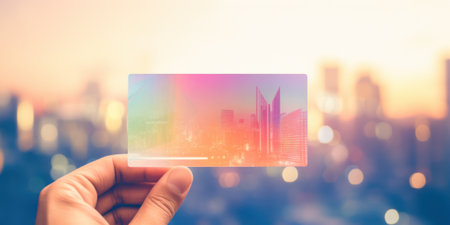 A person holding a piece of paper with a city in the background. Generative AI image.の素材