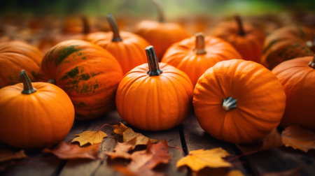A group of pumpkins sitting on top of a wooden table. Generative AI image.の素材