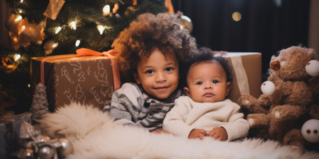 A couple of kids sitting next to a christmas tree. Generative AI image.の素材