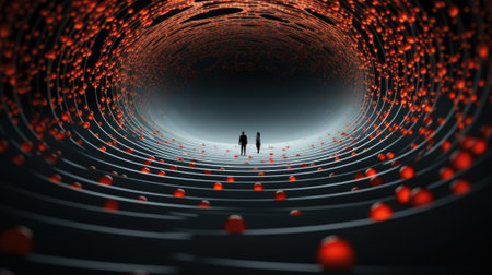 Two people are standing in a tunnel of spheres. Generative AI image.の素材